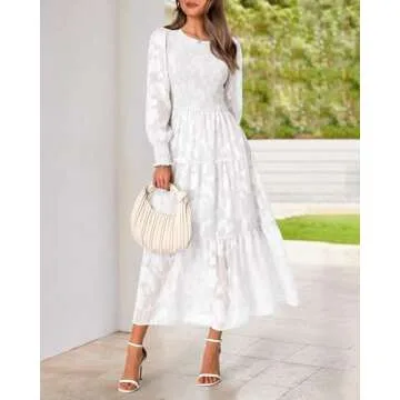 BTFBM Casual Women's 2025 Fall Dresses Elegant Wedding Guest Dress Long Sleeve Floral Midi Dress Flowy Bohemian Long Dress(White,Large)