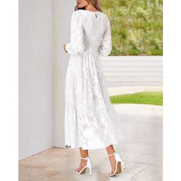 BTFBM Casual Women's 2025 Fall Dresses Elegant Wedding Guest Dress Long Sleeve Floral Midi Dress Flowy Bohemian Long Dress(White,Large)