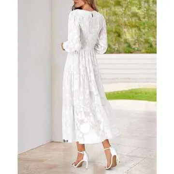 BTFBM Casual Women's 2025 Fall Dresses Elegant Wedding Guest Dress Long Sleeve Floral Midi Dress Flowy Bohemian Long Dress(White,Large)