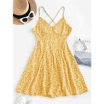 ZAFUL Women's Ditsy Floral Cami Mini Dress - V-Neck Cross Back Design for Summer