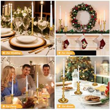 Suclain 24 Pcs Brass Gold Candlestick Holders and Taper Candles Set 12 Vintage Taper Holders with 12...