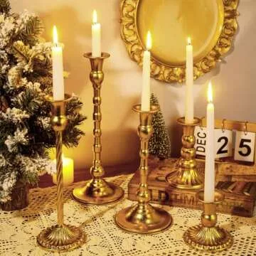 Suclain 24 Pcs Brass Gold Candlestick Holders and Taper Candles Set 12 Vintage Taper Holders with 12 Tall Candles Decorative Candlestick Modern Centerpiece for Wedding Birthday