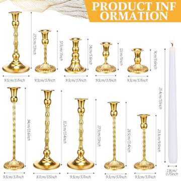 Suclain 24 Pcs Brass Gold Candlestick Holders and Taper Candles Set 12 Vintage Taper Holders with 12 Tall Candles Decorative Candlestick Modern Centerpiece for Wedding Birthday