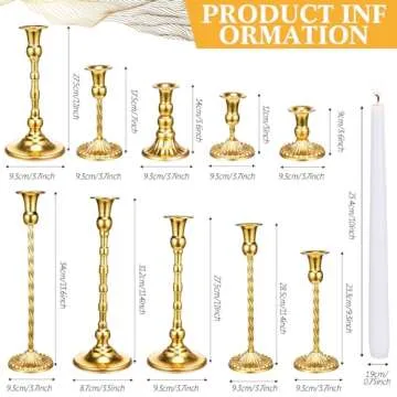 Suclain 24 Pcs Brass Gold Candlestick Holders and Taper Candles Set 12 Vintage Taper Holders with 12 Tall Candles Decorative Candlestick Modern Centerpiece for Wedding Birthday