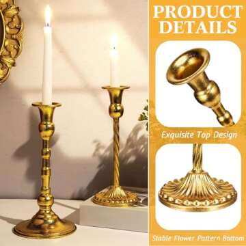 Suclain 24 Pcs Brass Gold Candlestick Holders and Taper Candles Set 12 Vintage Taper Holders with 12 Tall Candles Decorative Candlestick Modern Centerpiece for Wedding Birthday