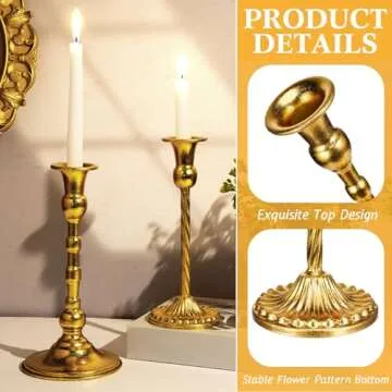 Suclain 24 Pcs Brass Gold Candlestick Holders and Taper Candles Set 12 Vintage Taper Holders with 12 Tall Candles Decorative Candlestick Modern Centerpiece for Wedding Birthday