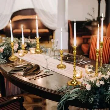 Suclain 24 Pcs Brass Gold Candlestick Holders and Taper Candles Set 12 Vintage Taper Holders with 12 Tall Candles Decorative Candlestick Modern Centerpiece for Wedding Birthday