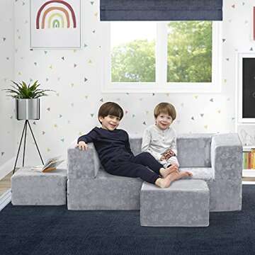 Delta Children Serta Perfect Sleeper Convertible Sofa & Play Set for Kids and Toddlers, Modular Foam Couch and Flip Out Lounger with 2 Ottomans, Grey
