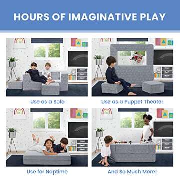 Delta Children Serta Perfect Sleeper Convertible Sofa & Play Set for Kids and Toddlers, Modular Foam Couch and Flip Out Lounger with 2 Ottomans, Grey