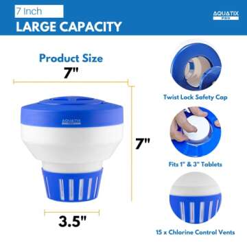Aquatix Pro Pool Chlorine Floater Dispenser for 1 to 3 inch Tablets, Large & Durable Floating Dispenser for Spa, Hot Tubs, In-ground & Above Ground Small & Large Pools, Adjustable Flow Rate