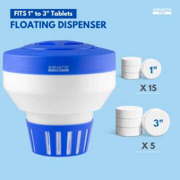Aquatix Pro Pool Chlorine Floater Dispenser for 1 to 3 inch Tablets, Large & Durable Floating Dispenser for Spa, Hot Tubs, In-ground & Above Ground Small & Large Pools, Adjustable Flow Rate