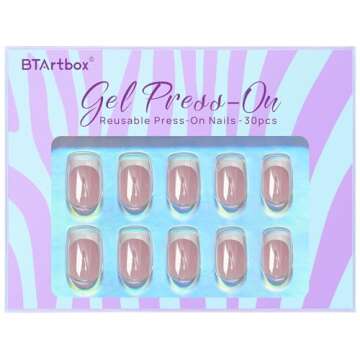 BTArtbox Press on Nails Short - White French Tip Press On Nails Square for Christmas Day Gifts, Chrome Glazed Glue On Nails, Stick On Nails in 15 Sizes - 30 Soft Gel Fake Nail Kit, Be Elegant