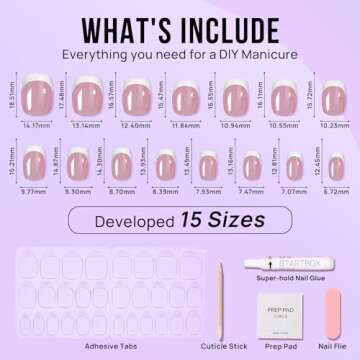 BTArtbox Press on Nails Short - White French Tip Press On Nails Square for Christmas Day Gifts, Chrome Glazed Glue On Nails, Stick On Nails in 15 Sizes - 30 Soft Gel Fake Nail Kit, Be Elegant
