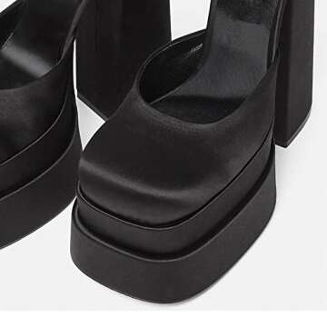 VARECOLA Women Silk Satin Chunky Pumps Shoes Rhinestone Belt Platform Ankle Strap Block High Heels Black