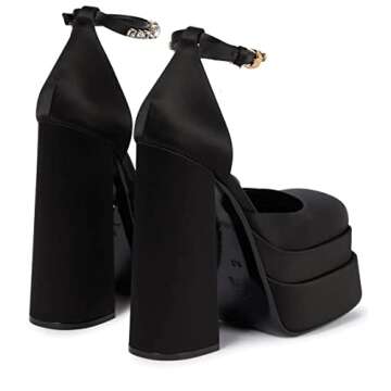 VARECOLA Women Silk Satin Chunky Pumps Shoes Rhinestone Belt Platform Ankle Strap Block High Heels Black