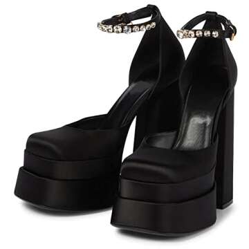 VARECOLA Women Silk Satin Chunky Pumps Shoes Rhinestone Belt Platform Ankle Strap Block High Heels Black