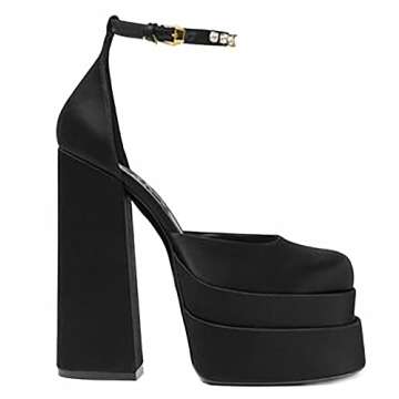 VARECOLA Women Silk Satin Chunky Pumps Shoes Rhinestone Belt Platform Ankle Strap Block High Heels Black