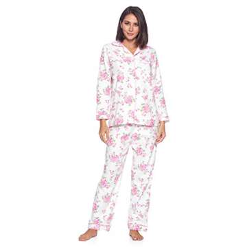 Casual Nights Women's Flannel Long Sleeve Button Down Pajama Set, White Pink Flower, XL
