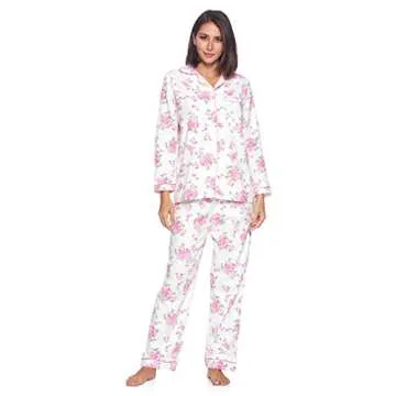 Casual Nights Women's Flannel Long Sleeve Button Down Pajama Set, White Pink Flower, XL