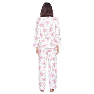 Casual Nights Women's Flannel Long Sleeve Button Down Pajama Set, White Pink Flower, XL