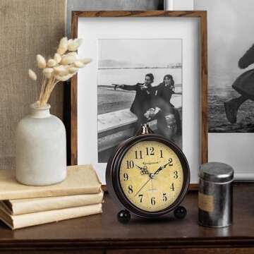 Königswerk Vintage Analog Alarm Clock, 5.25 inch Small Silent Desk Clock with Night Light, Battery Operated for Table, Bedroom, Bedside, Living Room, Room Decor (Classic)