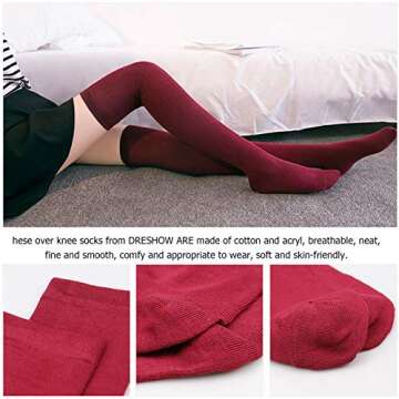 DRESHOW 6 Pairs Thigh High Socks Striped Over Knee Thin Tights Long Stocking Knee High Leg Warmer