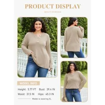Eytino Plus Size V Neck Waffle Sweater for Women