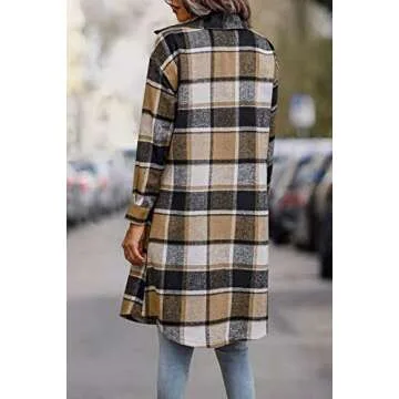 PRETTYGARDEN Women's Plaid Shacket 2025 Long Sleeve Button Up Flannel Shirt Winter Tartan Jacket Woolen Coats (Khaki,Large)