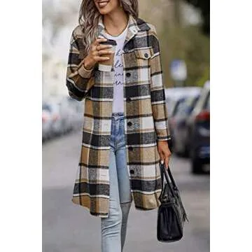 PRETTYGARDEN Women's Plaid Shacket 2025 Long Sleeve Button Up Flannel Shirt Winter Tartan Jacket Woolen Coats (Khaki,Large)