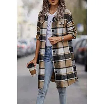 PRETTYGARDEN Women's Plaid Shacket 2025 Long Sleeve Button Up Flannel Shirt Winter Tartan Jacket Woolen Coats (Khaki,Large)