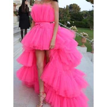 FTBY Women Tiered High Low Prom Dress Bow Sash Tulle Homecoming Pageant Dresses Long