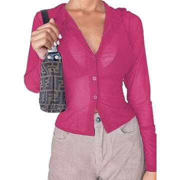 Remidoo Women Long Sleeve Sheer Mesh Top Sexy Button Down Crop Tops Blouse Shirt Hot Pink XX-Large
