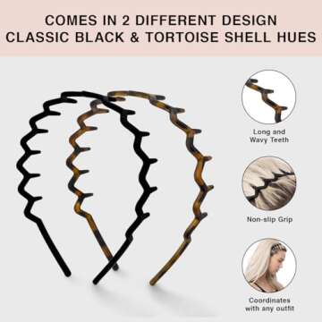 Kitsch Zig Zag Headbands, Recycled Plastic Wavy Hair Band with Teeth, Headband for Women and Men, Classic 90s Hair Accessories, 2pcs (Black and Brown)