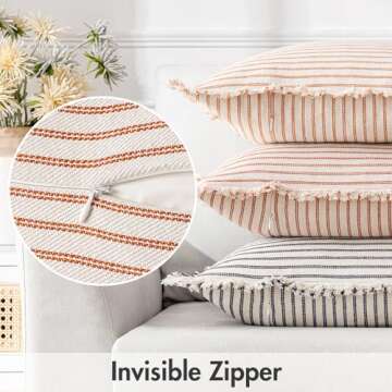 MIULEE Pack of 2 Rust Pillow Covers 20x20 Inch Striped Farmhouse Couch Throw Pillow Covers with Fringe Chic Linen Decorative Cushion Covers for Sofa Living Room Bed Home Decor