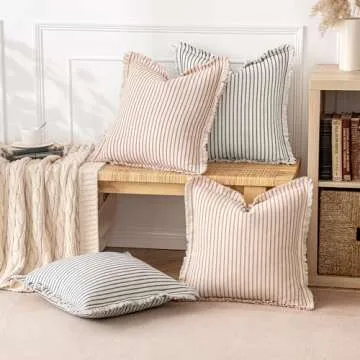 MIULEE Pack of 2 Rust Pillow Covers 20x20 Inch Striped Farmhouse Couch Throw Pillow Covers with Fringe Chic Linen Decorative Cushion Covers for Sofa Living Room Bed Home Decor
