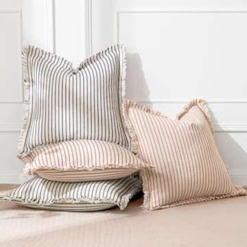 MIULEE Pack of 2 Rust Pillow Covers 20x20 Inch Striped Farmhouse Couch Throw Pillow Covers with Fringe Chic Linen Decorative Cushion Covers for Sofa Living Room Bed Home Decor