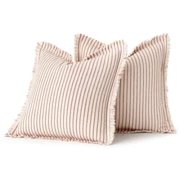 MIULEE Pack of 2 Rust Pillow Covers 20x20 Inch Striped Farmhouse Couch Throw Pillow Covers with Fringe Chic Linen Decorative Cushion Covers for Sofa Living Room Bed Home Decor