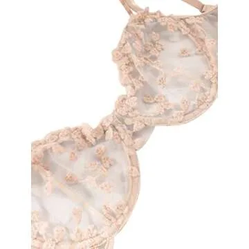 Lilosy Sexy Cute Underwire Push Up Strappy Heart Embroidered Mesh Sheer Lingerie Set for Women See Through Bra and Panty 2 Piece Bow Beige Small