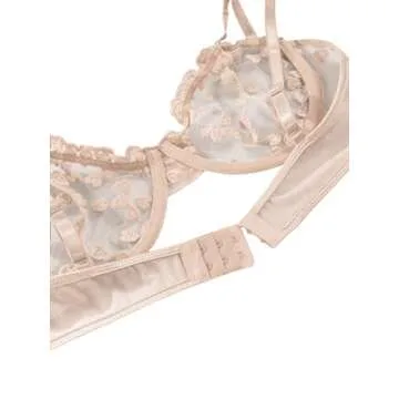 Lilosy Sexy Cute Underwire Push Up Strappy Heart Embroidered Mesh Sheer Lingerie Set for Women See Through Bra and Panty 2 Piece Bow Beige Small