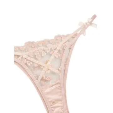 Lilosy Sexy Cute Underwire Push Up Strappy Heart Embroidered Mesh Sheer Lingerie Set for Women See Through Bra and Panty 2 Piece Bow Beige Small