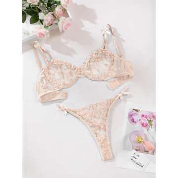 Lilosy Sexy Cute Underwire Push Up Strappy Heart Embroidered Mesh Sheer Lingerie Set for Women See Through Bra and Panty 2 Piece Bow Beige Small