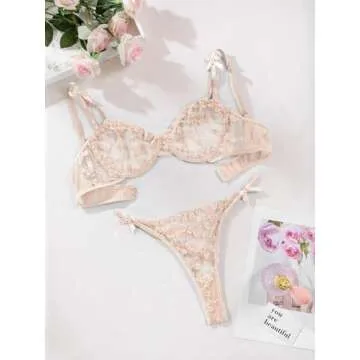 Lilosy Sexy Cute Underwire Push Up Strappy Heart Embroidered Mesh Sheer Lingerie Set for Women See Through Bra and Panty 2 Piece Bow Beige Small