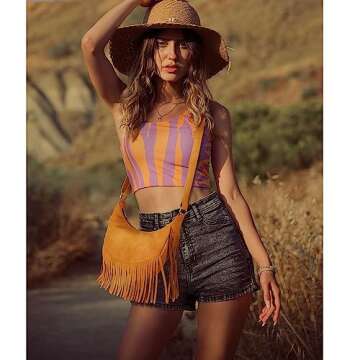 GLITZALL Boho Fringe Purse Small Crossbody Hobo Bags for Women Vegan Suede Western Country Purse