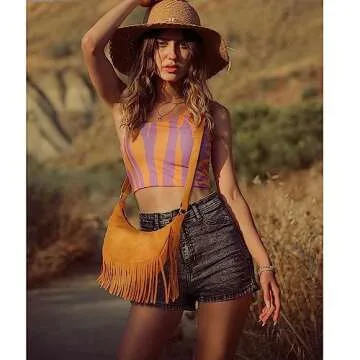 GLITZALL Boho Fringe Purse Small Crossbody Hobo Bags for Women Vegan Suede Western Country Purse