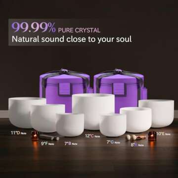 CVNC 432HZ 7-12 Inch Set of 7 Pcs Frosted Quartz Crystal Singing Bowls Set with 2 Pcs Carry Case Bags for Sound Healing Meditation