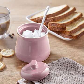 DAYYET Sugar Bowl with Lid and Spoon - 12 oz Ceramic Sugar Bowl with Spoon - Sugar Container for Coffee Bar - Sugar Jar Sugar Dispenser Bowl - Pink Kitchen Decor and Accessories