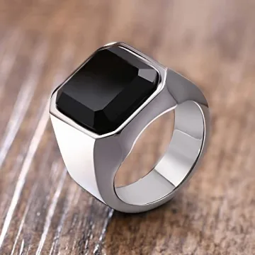 Stylish MEALGUET Men's Black Onyx Stainless Steel Signet Ring
