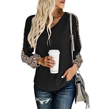 Dokotoo Womens Ladies Floral Patchwork Winter Blouses Color Block Long Sleeve Loose Slouchy One Shoulder Waffle Knit Oversized Sweaters Pullover Sweatshirts Fall Tunic Tops Baggy Shirts Black M