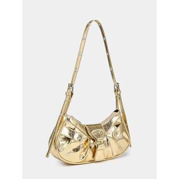 Verdusa Women's Pleated Hobo Shoulder Bag PU Leather Clutch Handbag Metallic Gold one-size