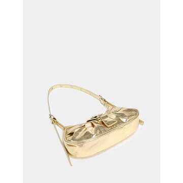 Verdusa Women's Pleated Hobo Shoulder Bag PU Leather Clutch Handbag Metallic Gold one-size